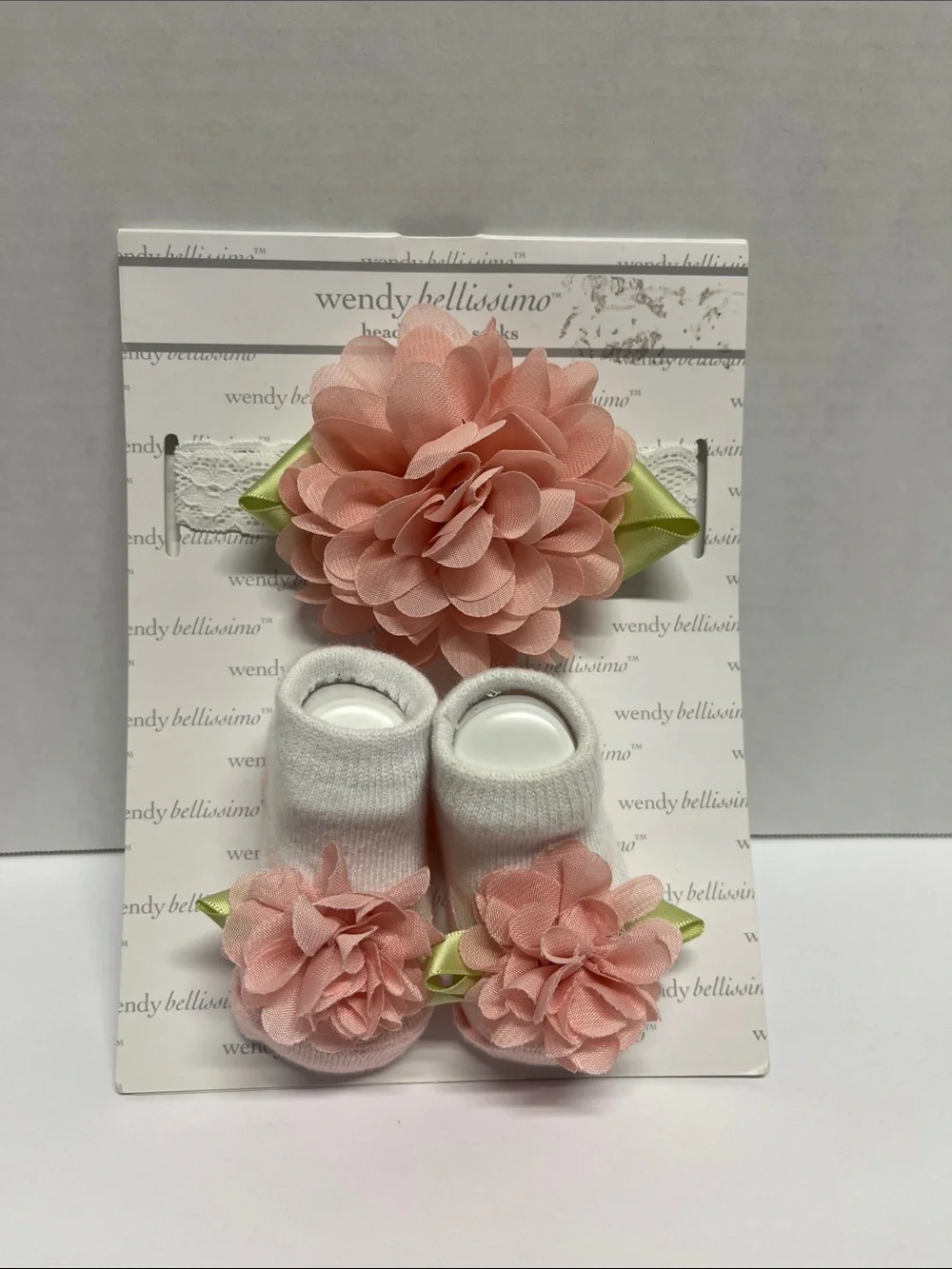 Wendy Bellissimo Peach Pink Flower Headband and Sock Set
